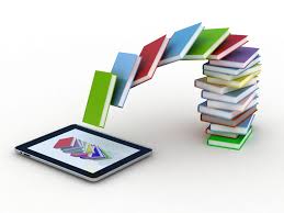 a stack of colorful books arcing into a tablet screen 